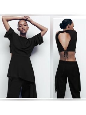 Zara Black Asymmetric Flowing Cut Out Open Back Blouse Top Tie Back NWOT